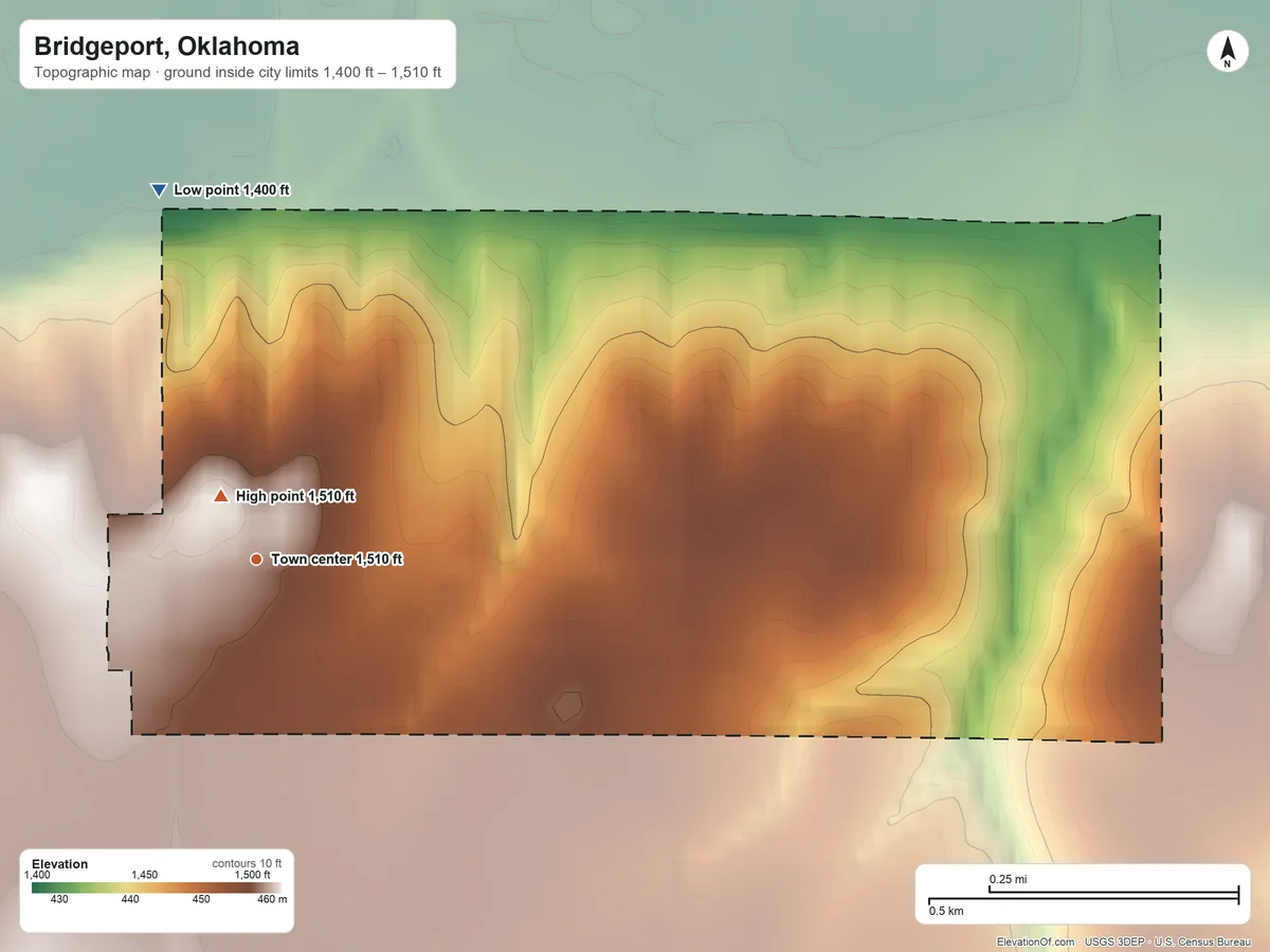 Topographic elevation map of Bridgeport, Oklahoma, shaded from 1,400 ft on the north side to 1,510 ft near the middle