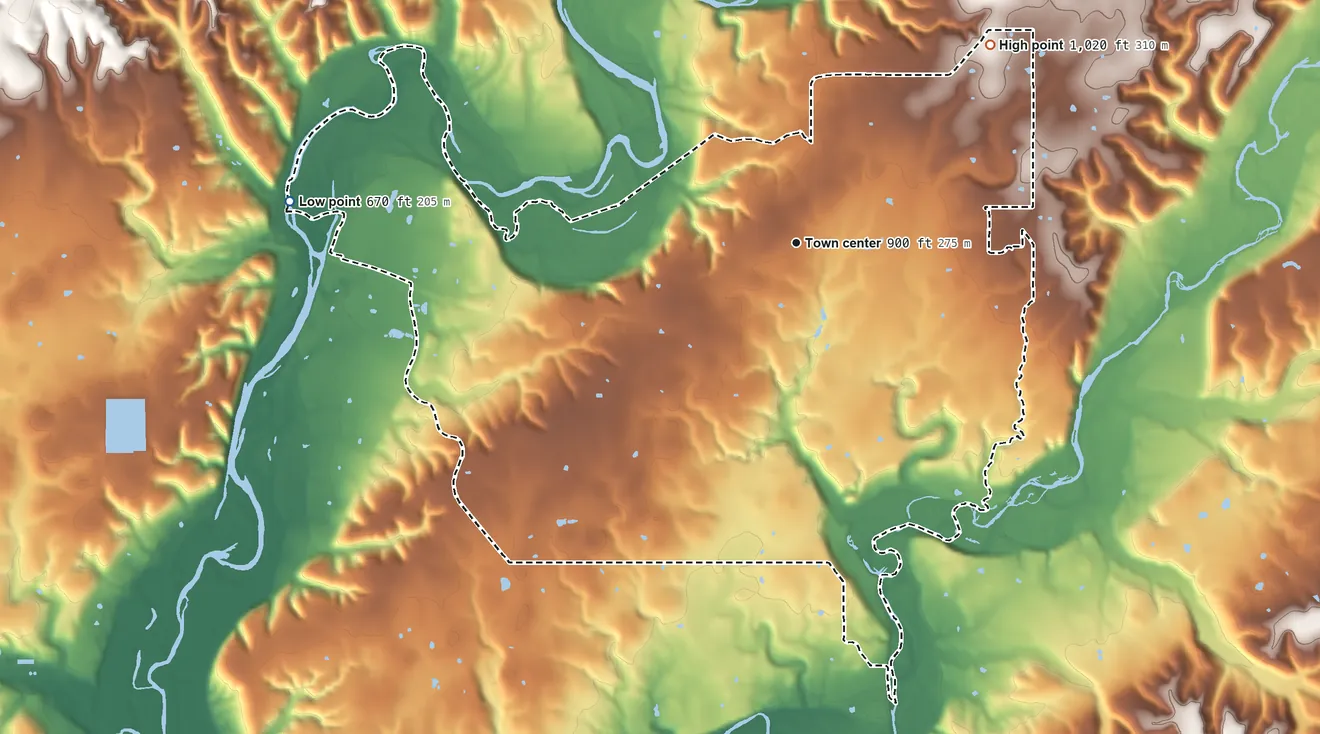 Topographic elevation map of Briggs, Oklahoma, shaded from 670 ft on the west side to 1,020 ft on the northeast side