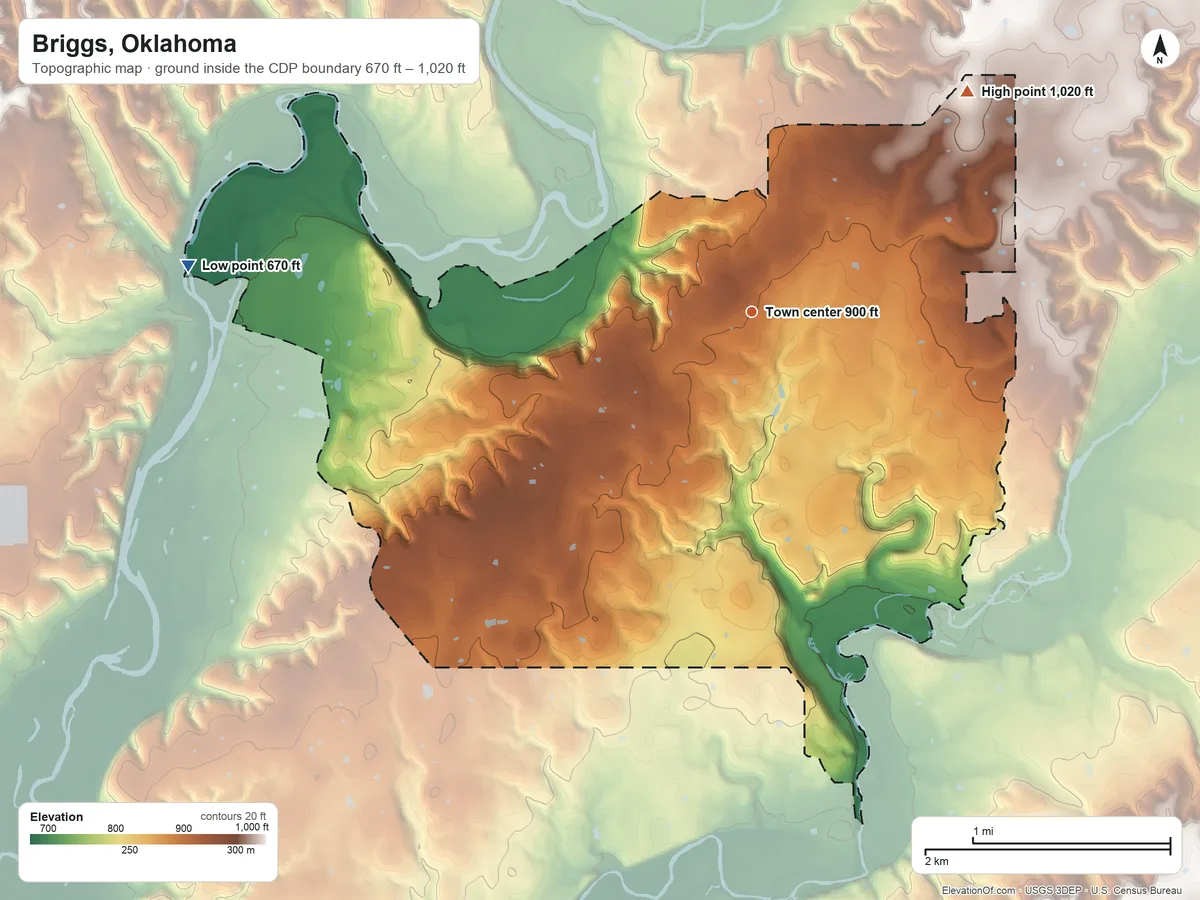 Topographic elevation map of Briggs, Oklahoma, shaded from 670 ft on the west side to 1,020 ft on the northeast side