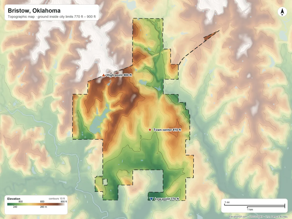 Topographic elevation map of Bristow, Oklahoma, shaded from 770 ft on the south side to 900 ft on the northwest side