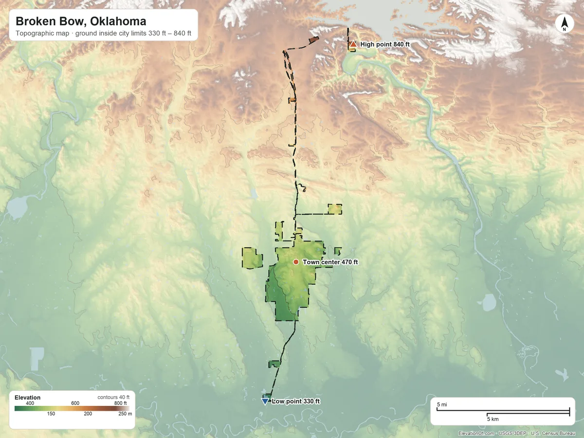 Topographic elevation map of Broken Bow, Oklahoma, shaded from 330 ft on the south side to 840 ft on the north side
