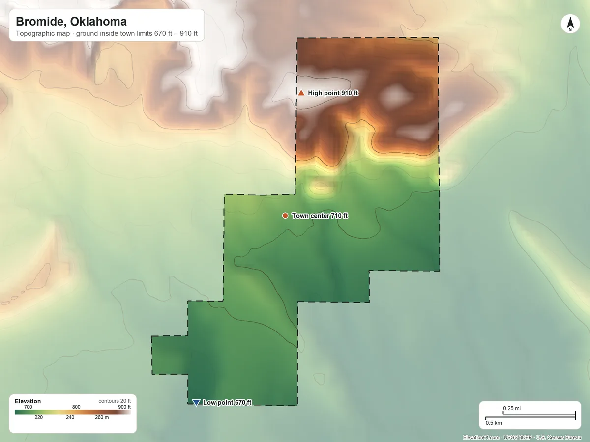 Topographic elevation map of Bromide, Oklahoma, shaded from 670 ft on the southwest side to 910 ft on the north side