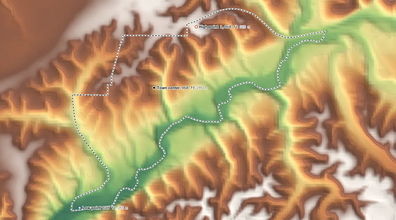 Topographic elevation map of Brush Creek, Oklahoma, shaded from 840 ft on the southwest side to 1,060 ft on the northeast side