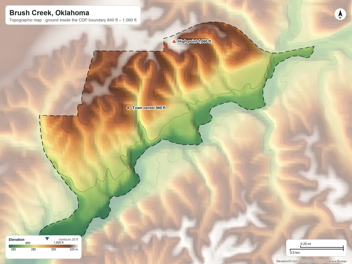 Topographic elevation map of Brush Creek, Oklahoma, shaded from 840 ft on the southwest side to 1,060 ft on the northeast side