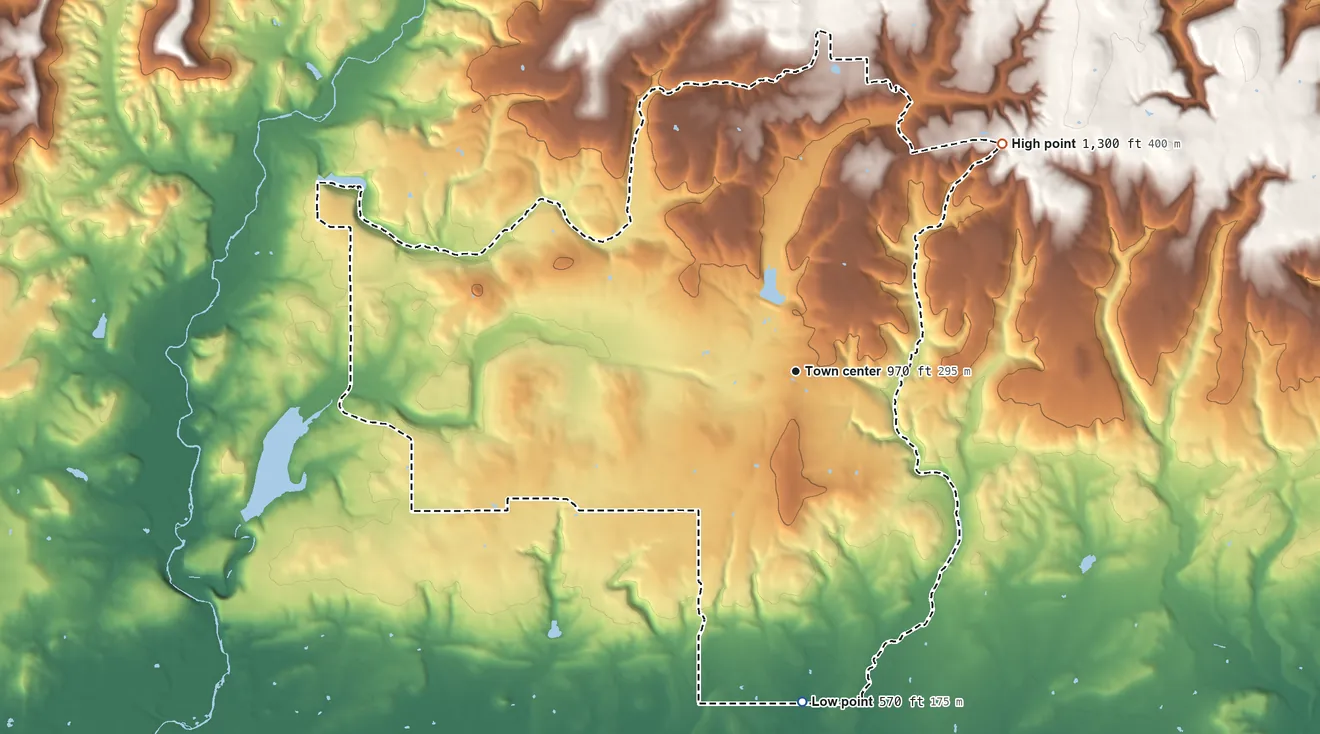 Topographic elevation map of Brushy, Oklahoma, shaded from 570 ft on the south side to 1,300 ft on the northeast side