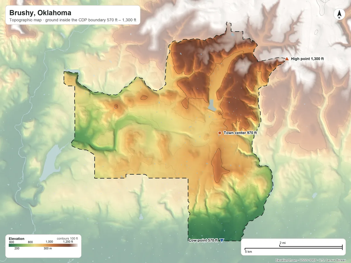 Topographic elevation map of Brushy, Oklahoma, shaded from 570 ft on the south side to 1,300 ft on the northeast side