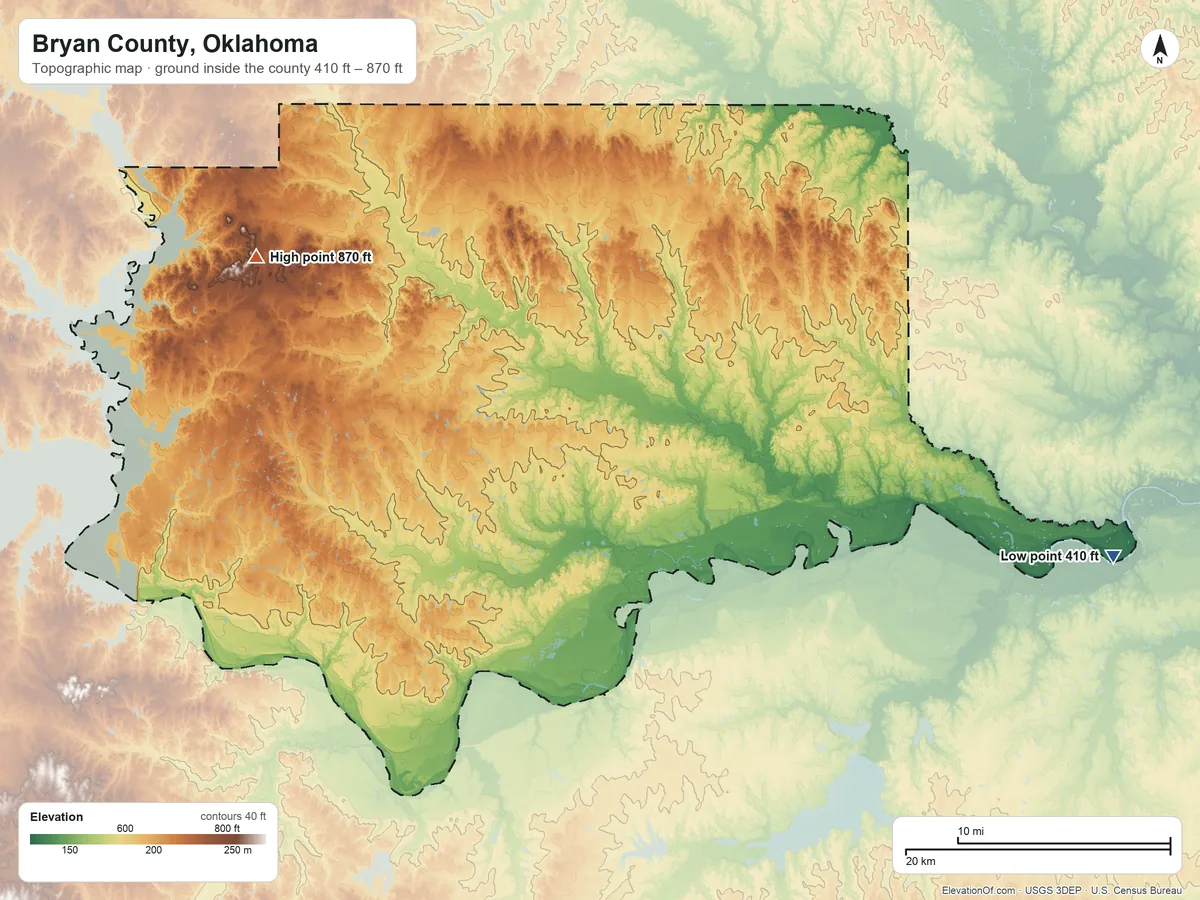 Topographic elevation map of Bryan County, Oklahoma, shaded from 410 ft on the east side to 870 ft on the northwest side