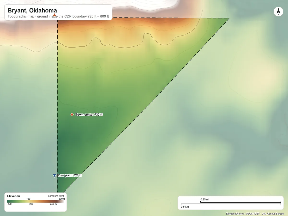 Topographic elevation map of Bryant, Oklahoma, shaded from 720 ft on the south side to 800 ft on the north side