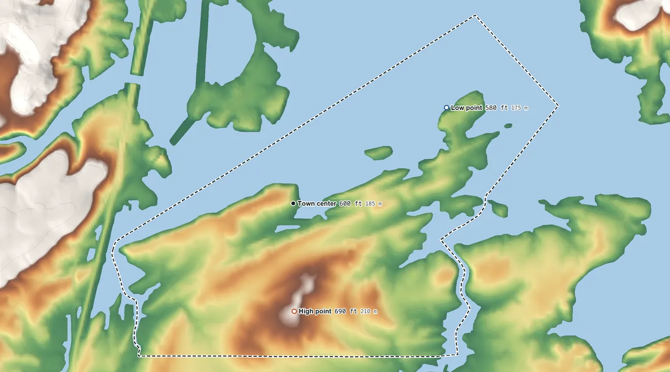 Topographic elevation map of Bug Tussle, Oklahoma, shaded from 580 ft on the northeast side to 690 ft on the south side