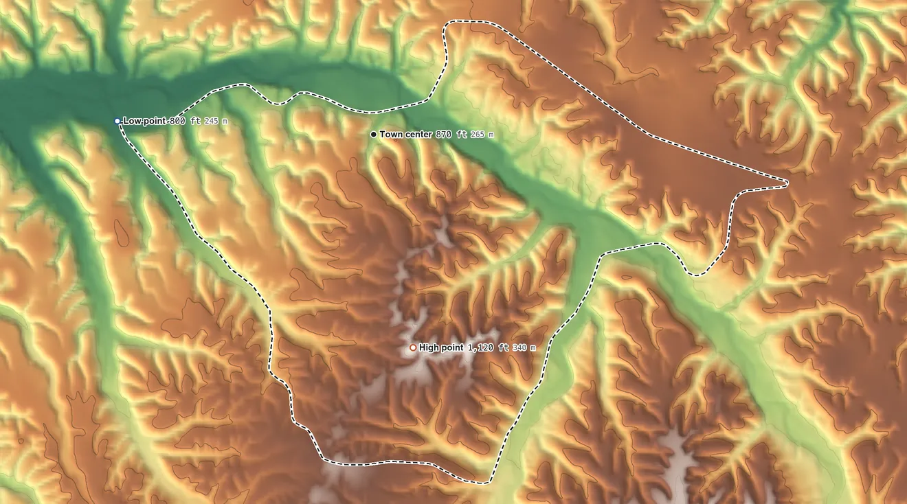 Topographic elevation map of Bull Hollow, Oklahoma, shaded from 800 ft on the west side to 1,120 ft on the south side