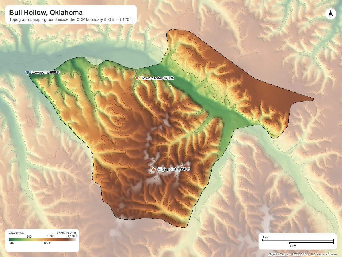 Topographic elevation map of Bull Hollow, Oklahoma, shaded from 800 ft on the west side to 1,120 ft on the south side