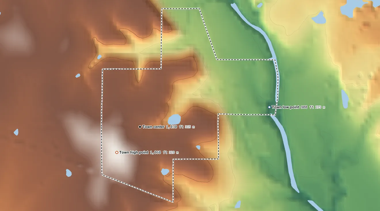 Topographic elevation map of Burbank, Oklahoma, shaded from 900 ft on the east side to 1,060 ft on the southwest side