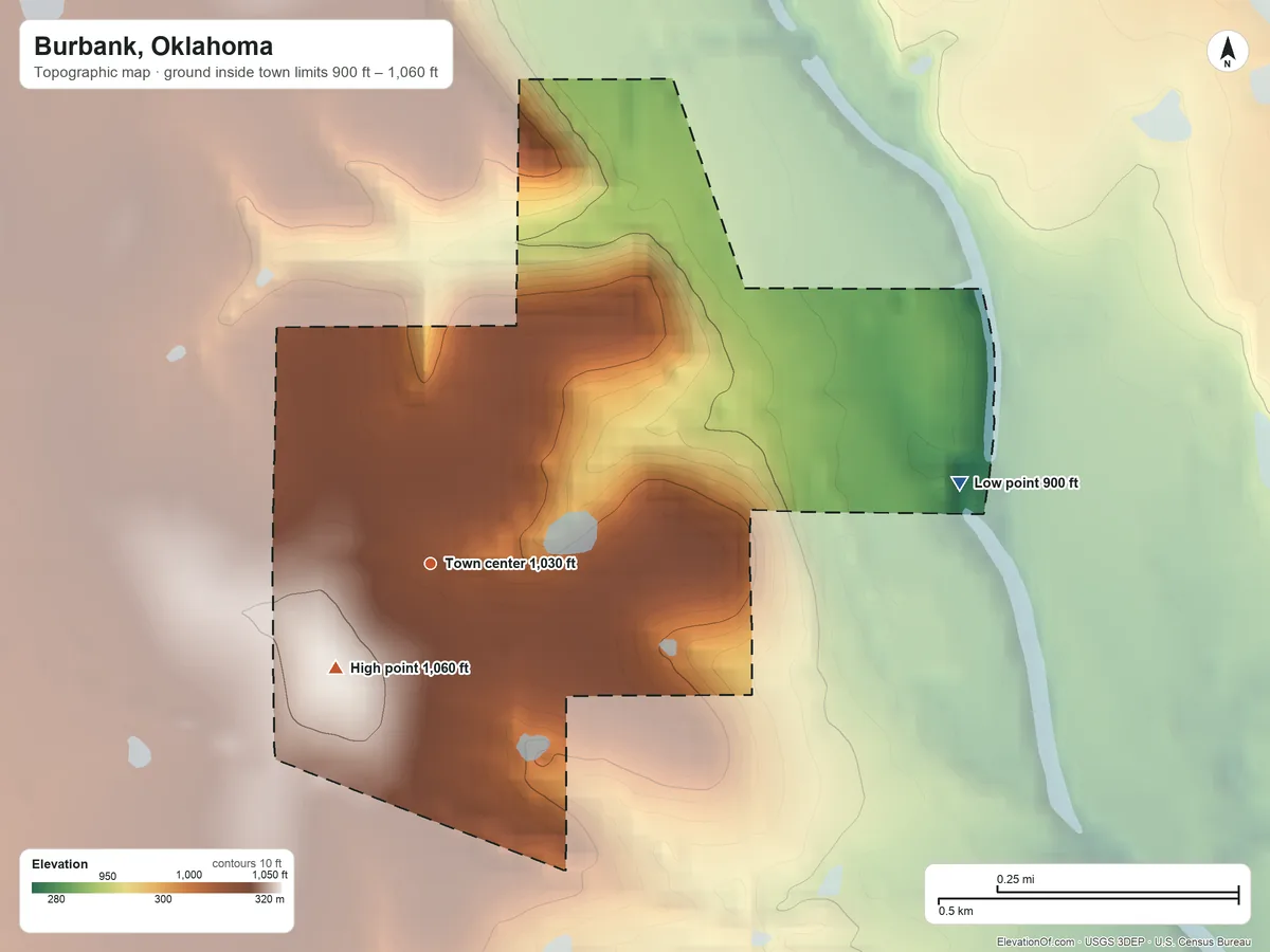 Topographic elevation map of Burbank, Oklahoma, shaded from 900 ft on the east side to 1,060 ft on the southwest side