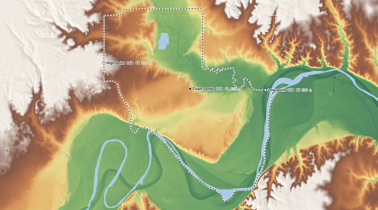 Topographic elevation map of Burneyville, Oklahoma, shaded from 660 ft on the east side to 860 ft on the west side