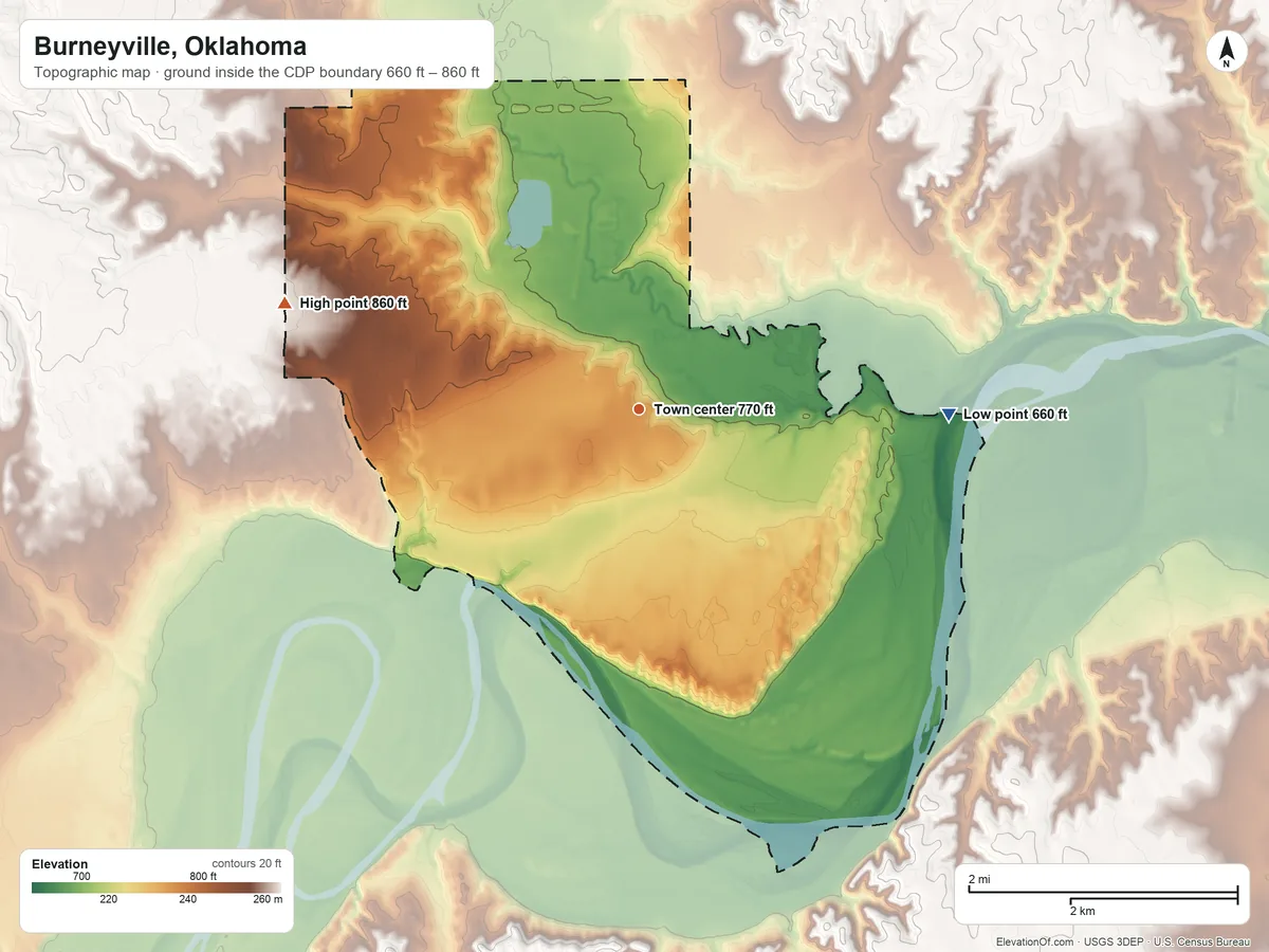 Topographic elevation map of Burneyville, Oklahoma, shaded from 660 ft on the east side to 860 ft on the west side