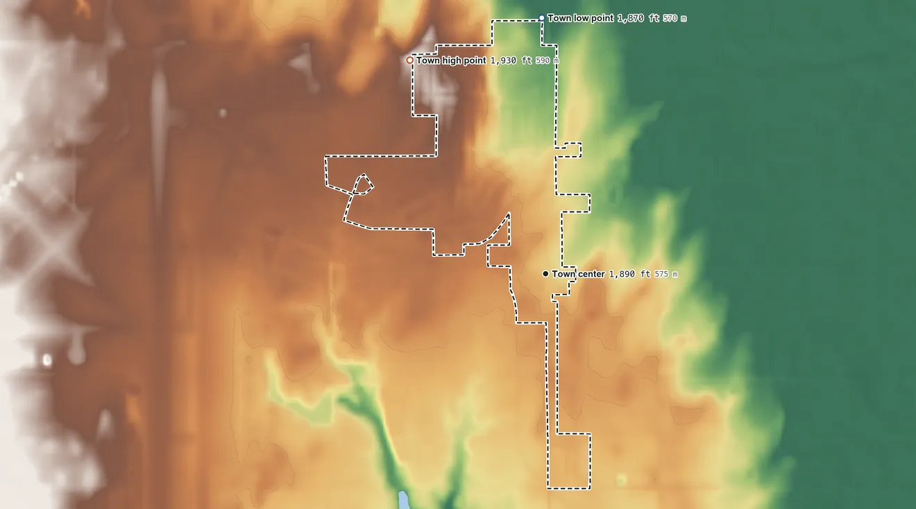 Topographic elevation map of Burns Flat, Oklahoma, shaded from 1,870 ft on the north side to 1,930 ft on the northwest side