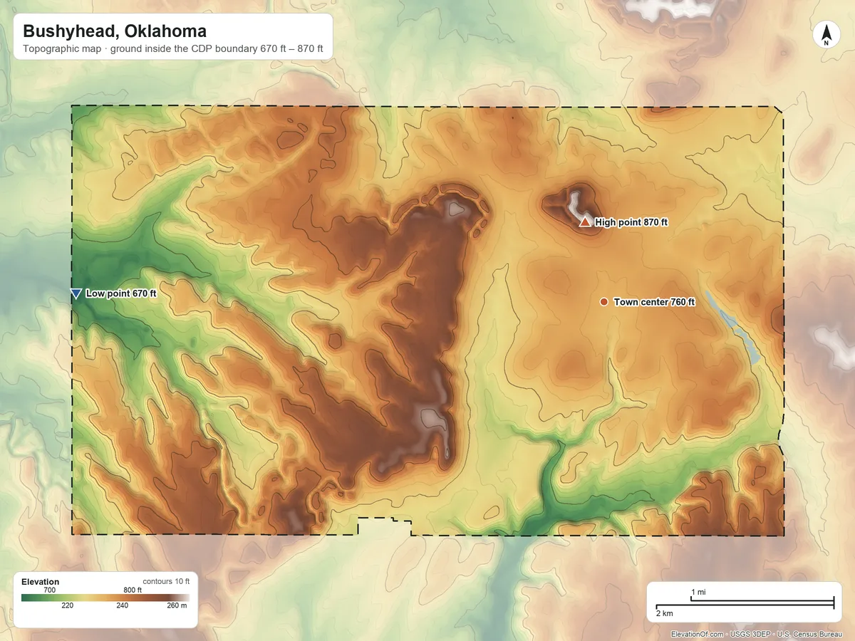 Topographic elevation map of Bushyhead, Oklahoma, shaded from 670 ft on the west side to 870 ft near the middle