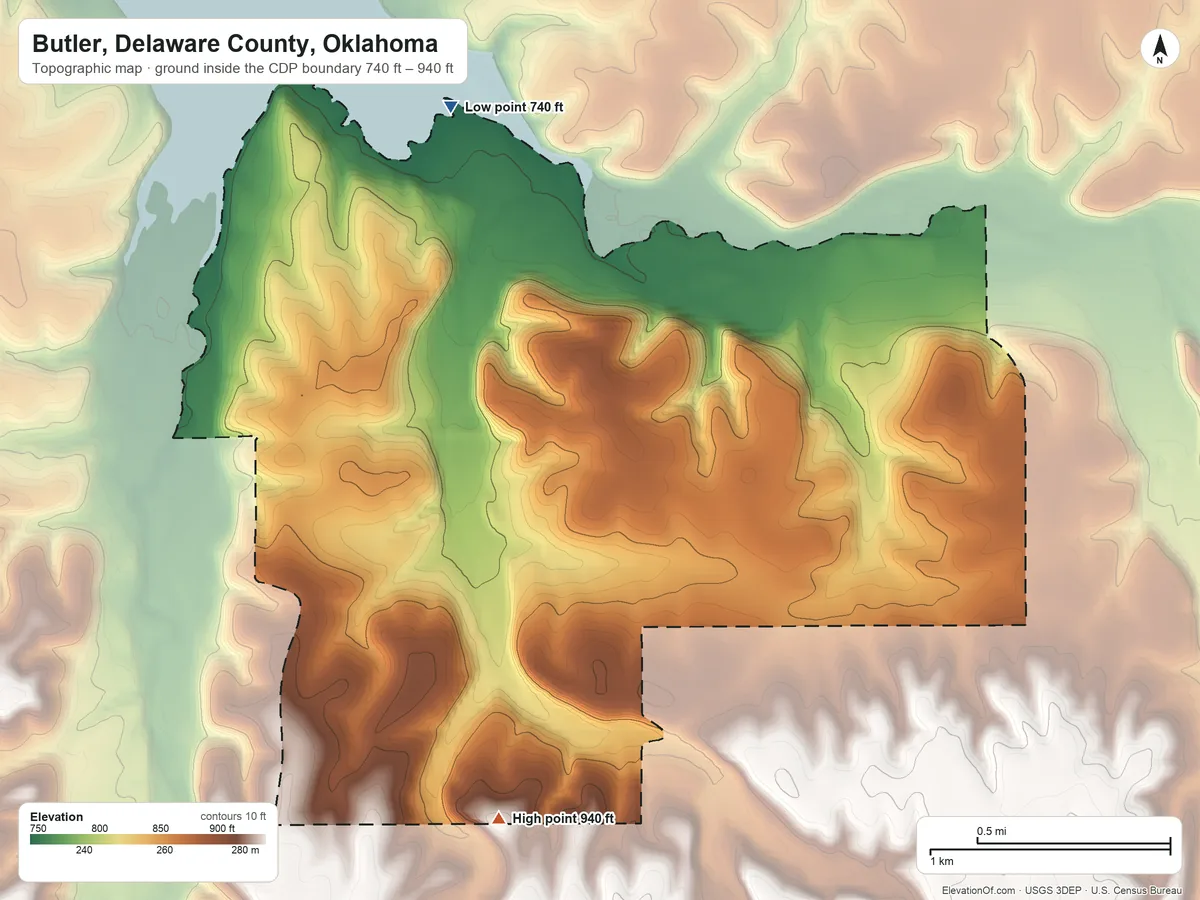 Topographic elevation map of Butler, Delaware County, Oklahoma, shaded from 740 ft on the north side to 940 ft on the southwest side