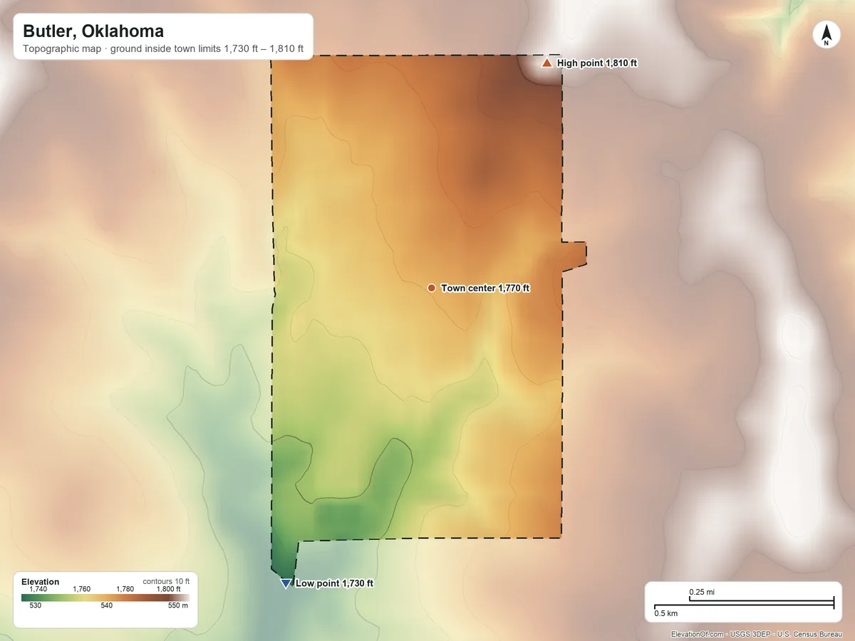 Topographic elevation map of Butler, Oklahoma, shaded from 1,730 ft on the southwest side to 1,810 ft on the northeast side