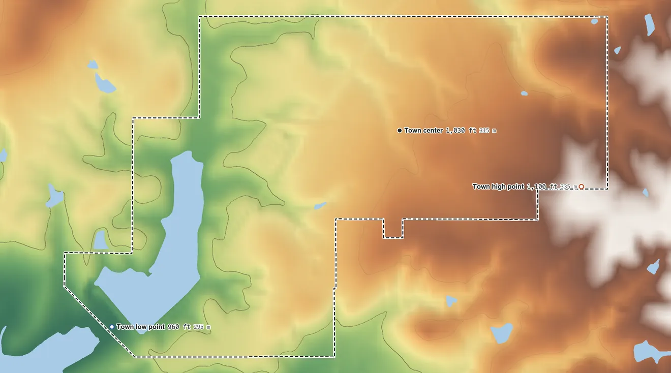 Topographic elevation map of Byars, Oklahoma, shaded from 960 ft on the southwest side to 1,100 ft on the east side