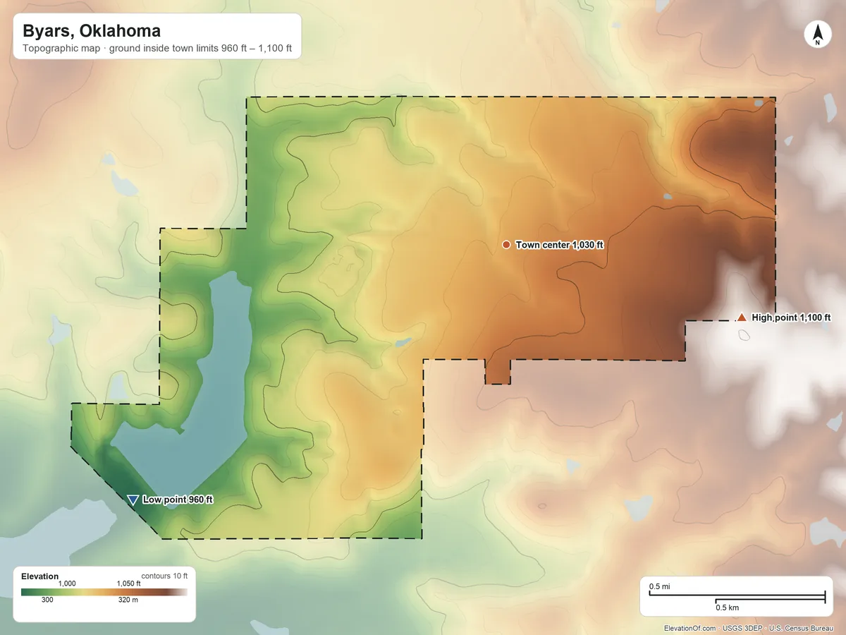 Topographic elevation map of Byars, Oklahoma, shaded from 960 ft on the southwest side to 1,100 ft on the east side