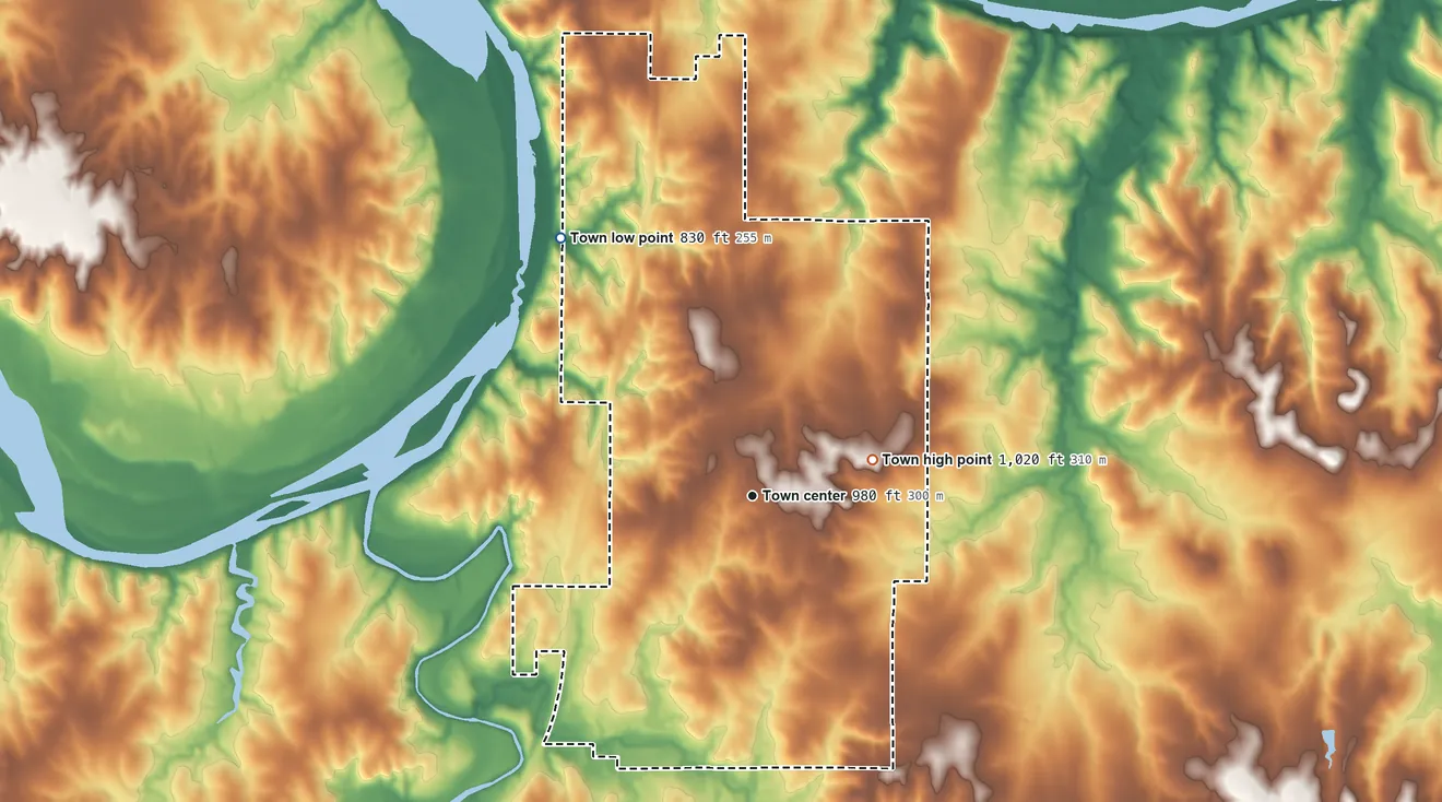 Topographic elevation map of Byng, Oklahoma, shaded from 830 ft on the northwest side to 1,020 ft on the east side