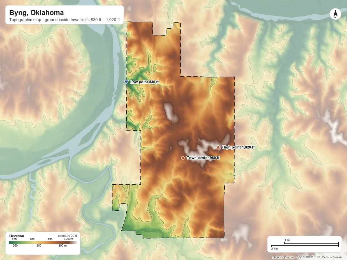 Topographic elevation map of Byng, Oklahoma, shaded from 830 ft on the northwest side to 1,020 ft on the east side