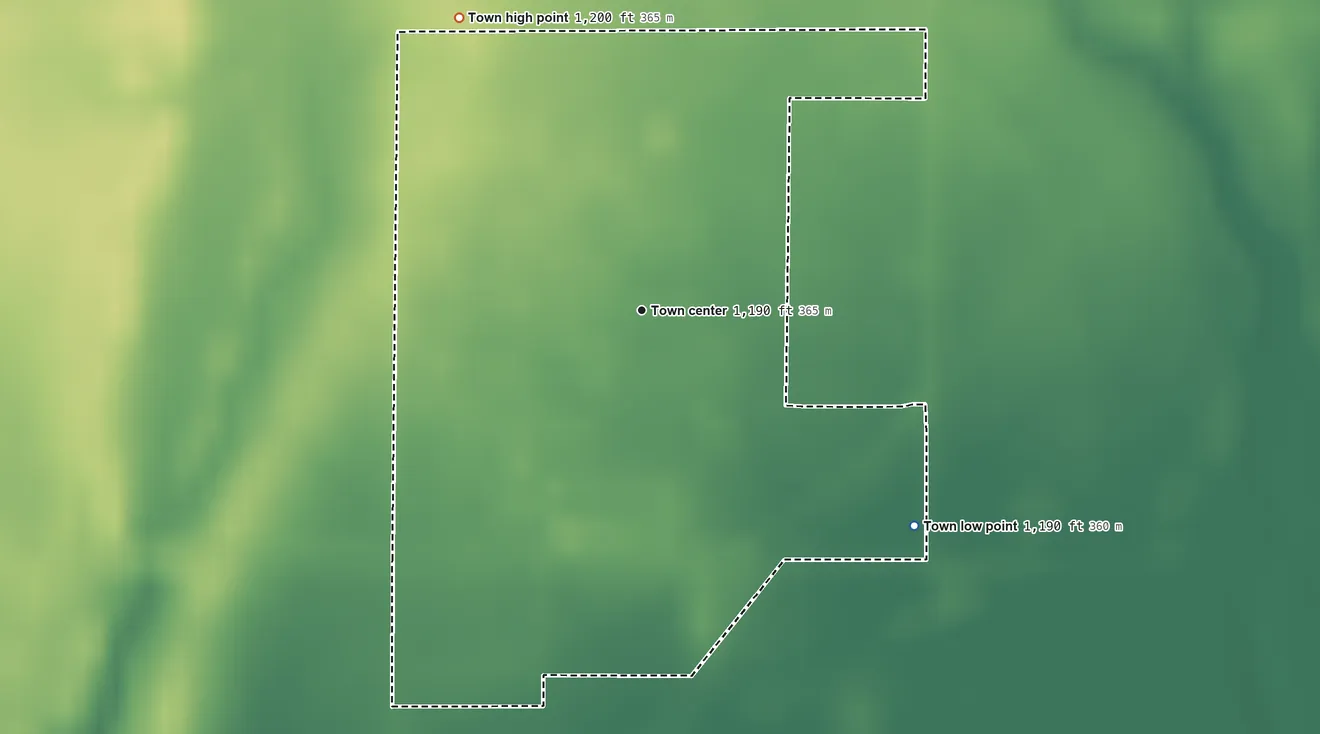 Topographic elevation map of Byron, Oklahoma, shaded from 1,190 ft on the southeast side to 1,200 ft on the northwest side