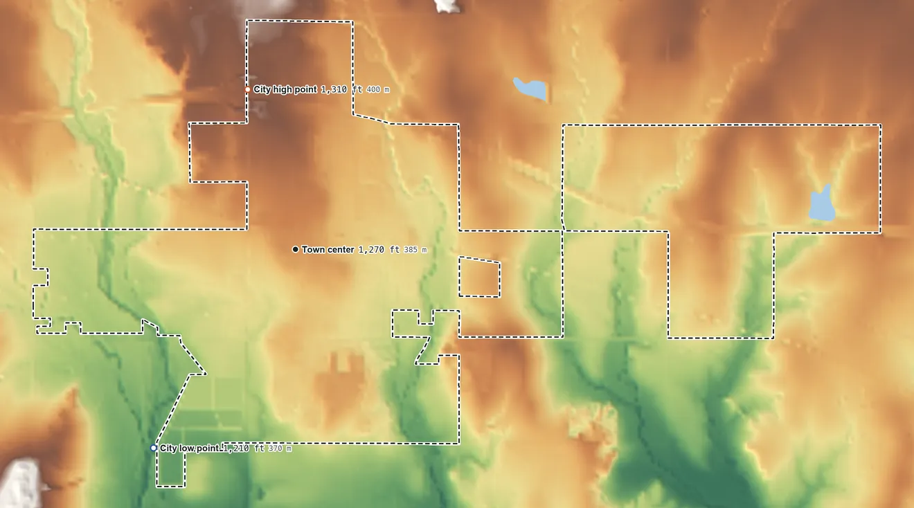 Topographic elevation map of Cache, Oklahoma, shaded from 1,210 ft on the southwest side to 1,310 ft on the north side