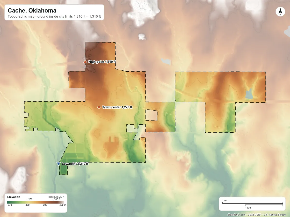 Topographic elevation map of Cache, Oklahoma, shaded from 1,210 ft on the southwest side to 1,310 ft on the north side