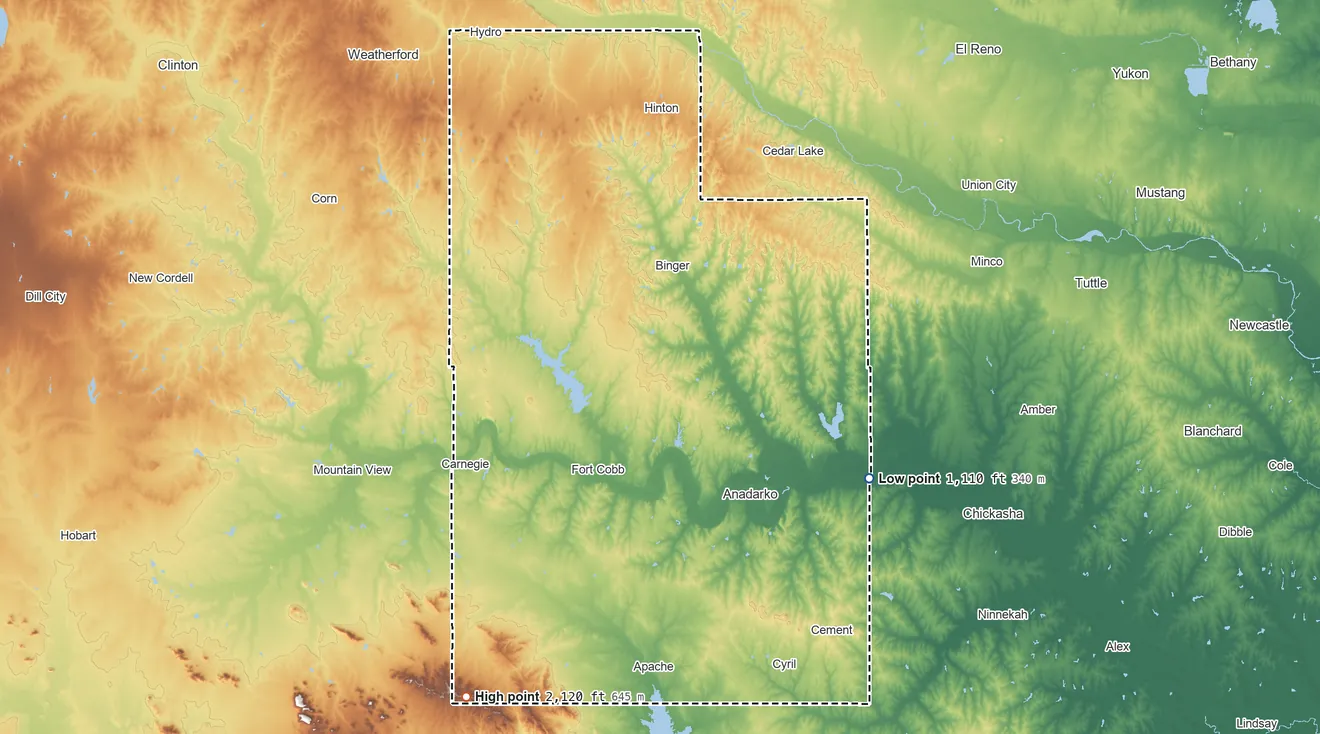 Topographic elevation map of Caddo County, Oklahoma, shaded from 1,110 ft on the southeast side to 2,120 ft on the southwest side