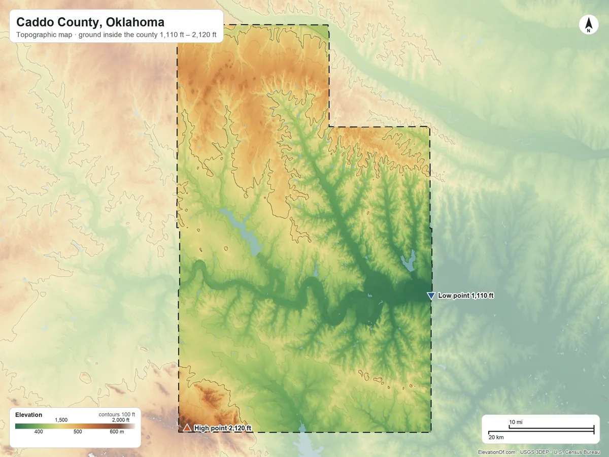 Topographic elevation map of Caddo County, Oklahoma, shaded from 1,110 ft on the southeast side to 2,120 ft on the southwest side