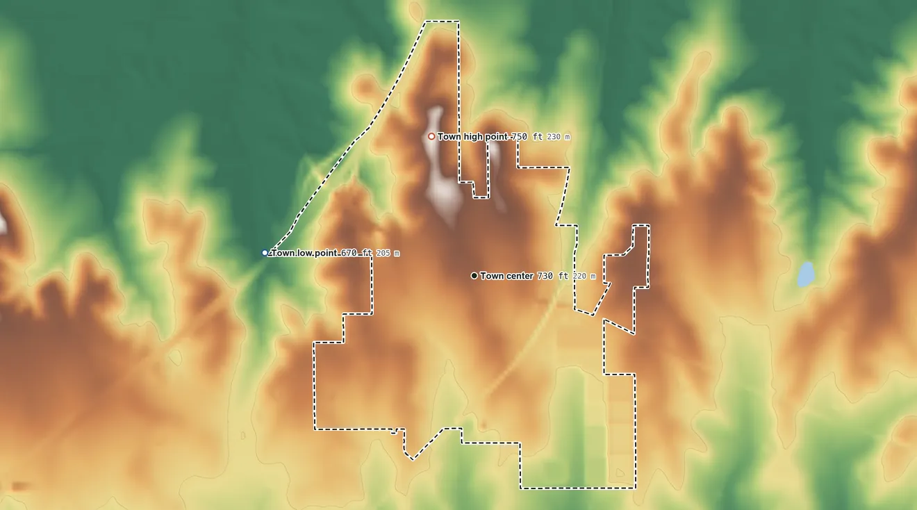 Topographic elevation map of Caddo, Oklahoma, shaded from 670 ft on the west side to 750 ft on the north side
