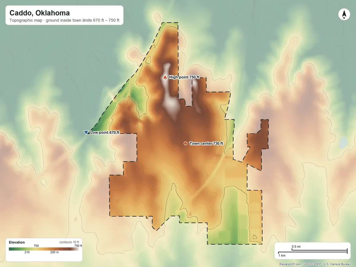 Topographic elevation map of Caddo, Oklahoma, shaded from 670 ft on the west side to 750 ft on the north side