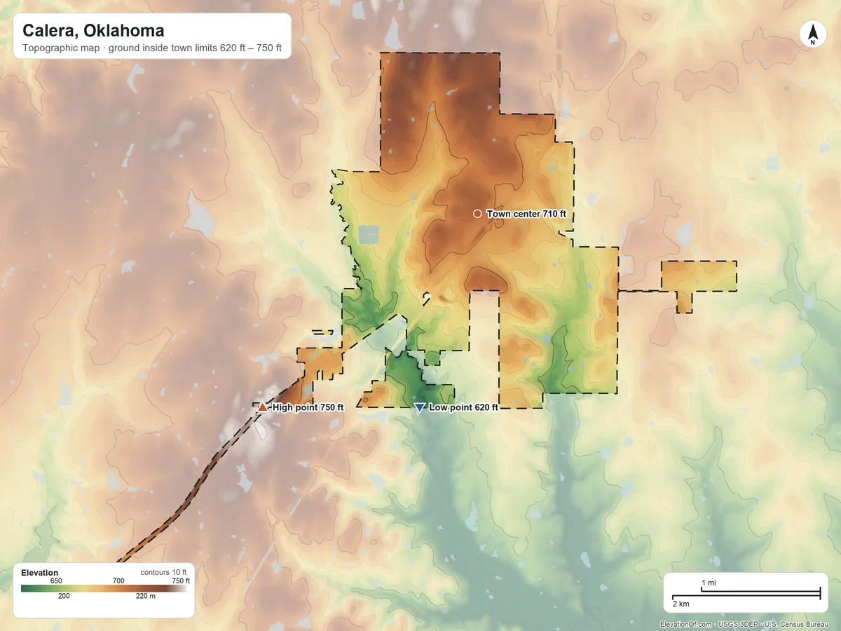 Topographic elevation map of Calera, Oklahoma, shaded from 620 ft on the south side to 750 ft on the southwest side