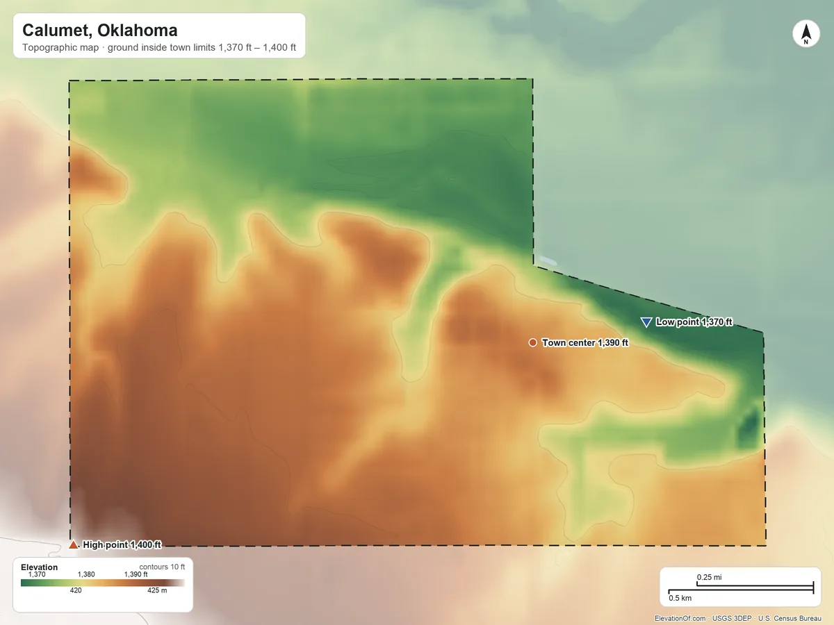 Topographic elevation map of Calumet, Oklahoma, shaded from 1,370 ft on the east side to 1,400 ft on the southwest side