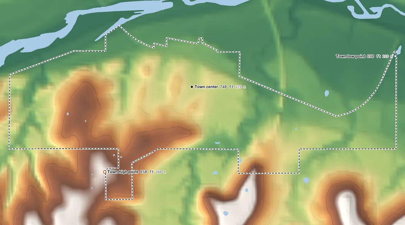 Topographic elevation map of Calvin, Oklahoma, shaded from 690 ft on the east side to 850 ft on the southwest side