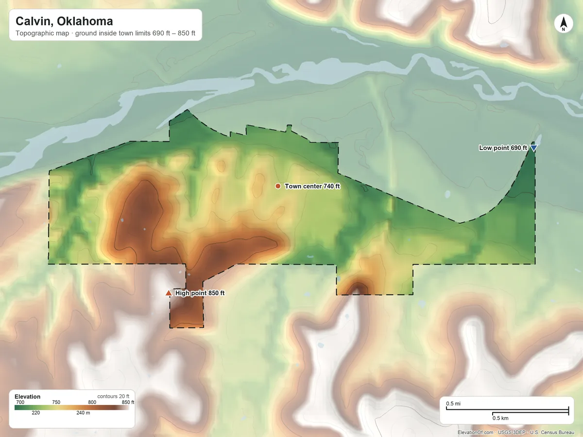 Topographic elevation map of Calvin, Oklahoma, shaded from 690 ft on the east side to 850 ft on the southwest side