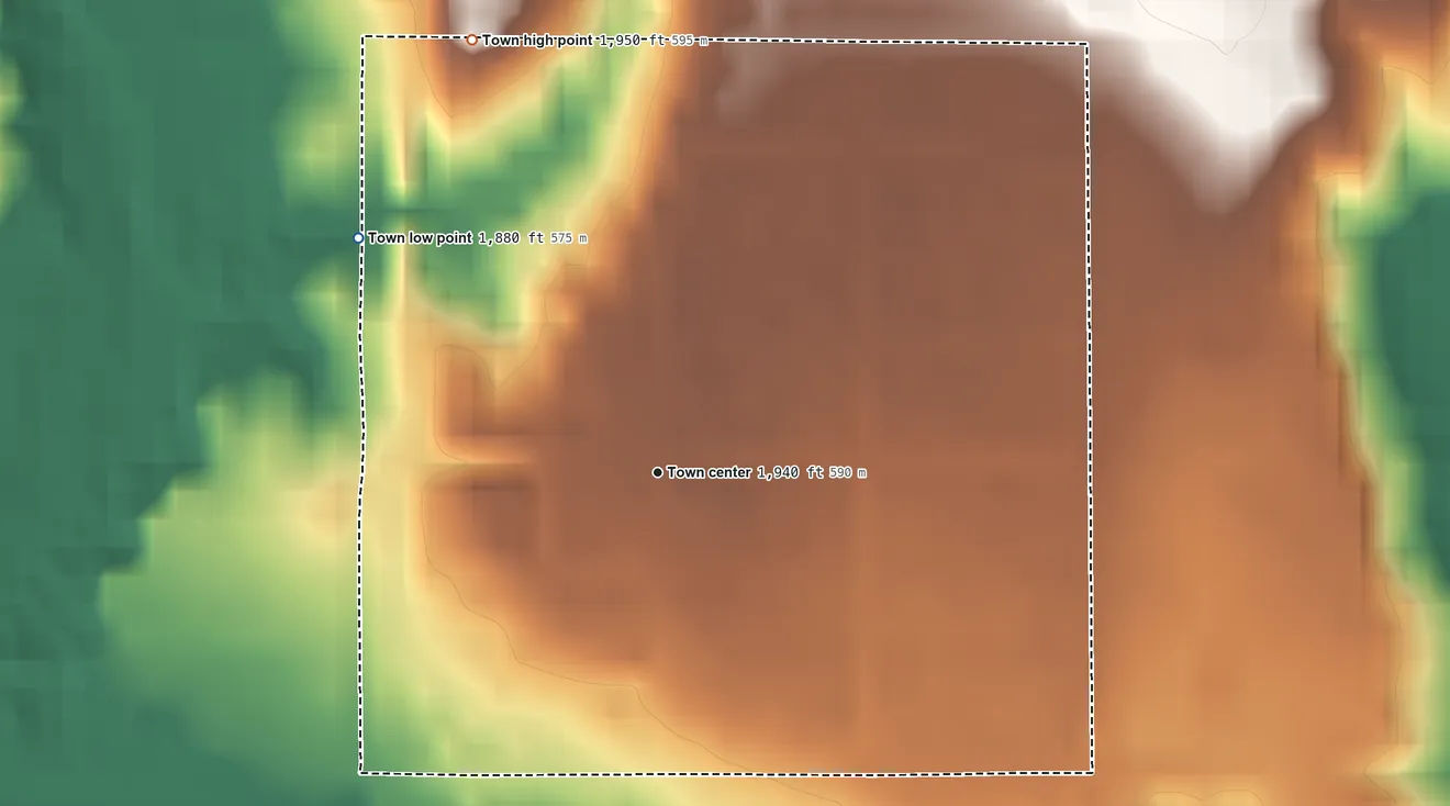 Topographic elevation map of Camargo, Oklahoma, shaded from 1,880 ft on the northwest side to 1,950 ft on the northwest side