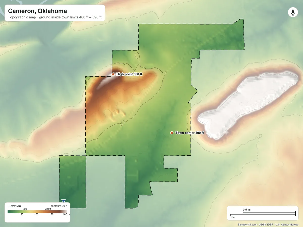 Topographic elevation map of Cameron, Oklahoma, shaded from 460 ft on the southwest side to 590 ft on the northwest side