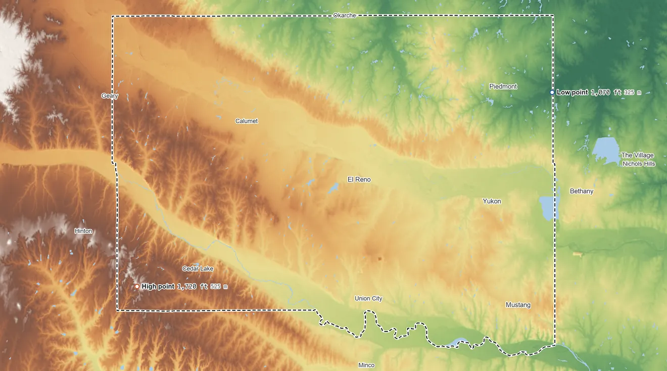 Topographic elevation map of Canadian County, Oklahoma, shaded from 1,070 ft on the northeast side to 1,720 ft on the southwest side