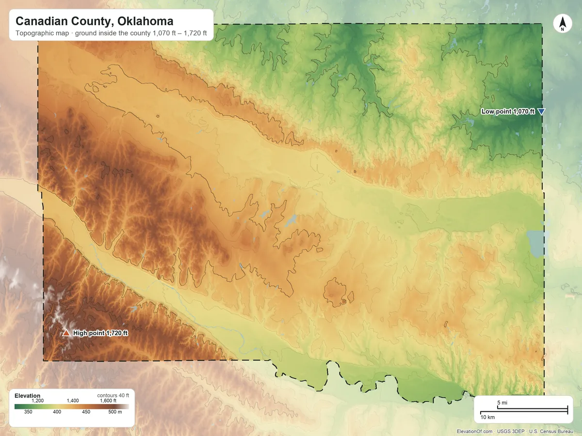 Topographic elevation map of Canadian County, Oklahoma, shaded from 1,070 ft on the northeast side to 1,720 ft on the southwest side