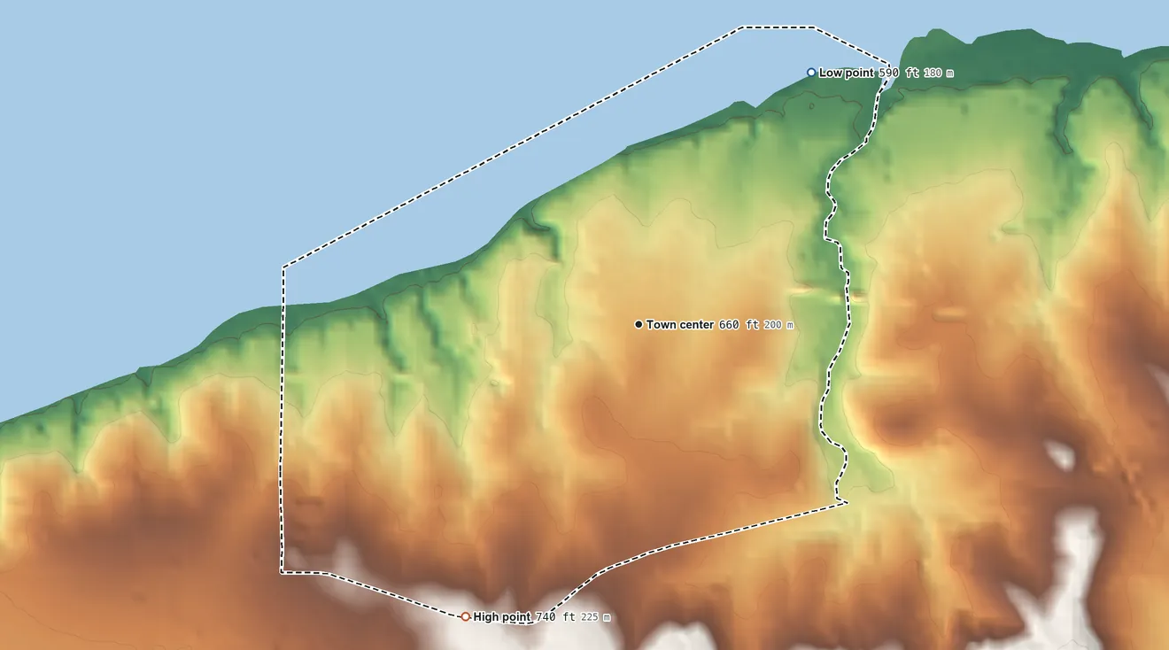 Topographic elevation map of Canadian Shores, Oklahoma, shaded from 590 ft on the northeast side to 740 ft on the southwest side