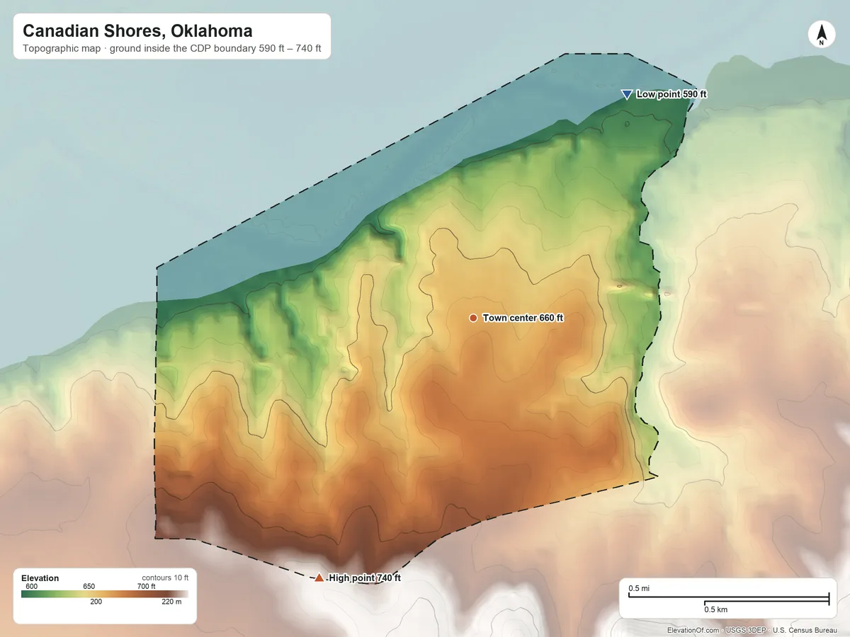 Topographic elevation map of Canadian Shores, Oklahoma, shaded from 590 ft on the northeast side to 740 ft on the southwest side