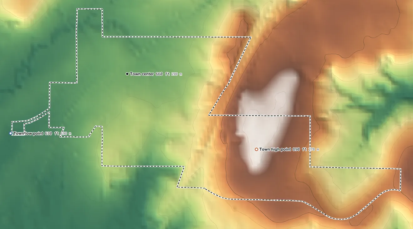 Topographic elevation map of Canadian, Oklahoma, shaded from 630 ft on the southwest side to 890 ft on the southeast side