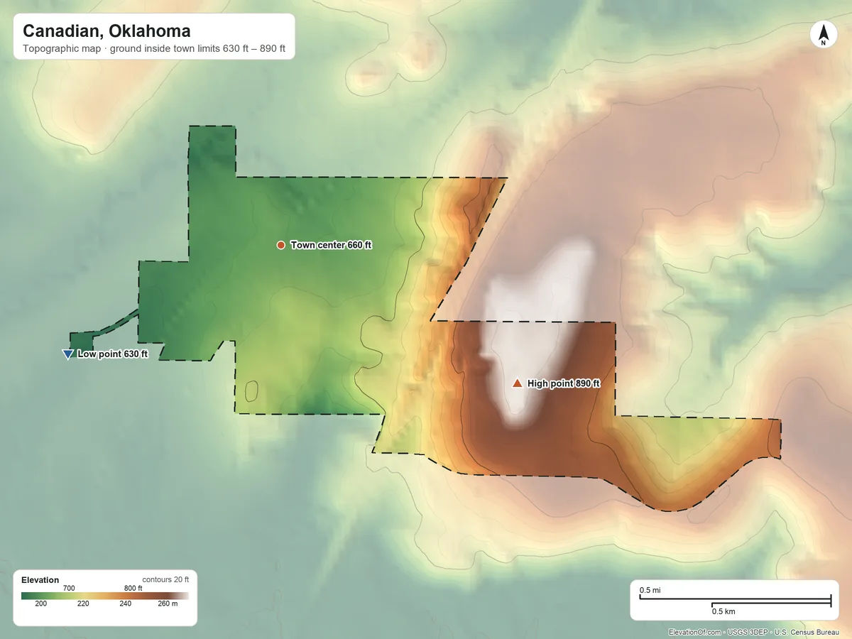 Topographic elevation map of Canadian, Oklahoma, shaded from 630 ft on the southwest side to 890 ft on the southeast side