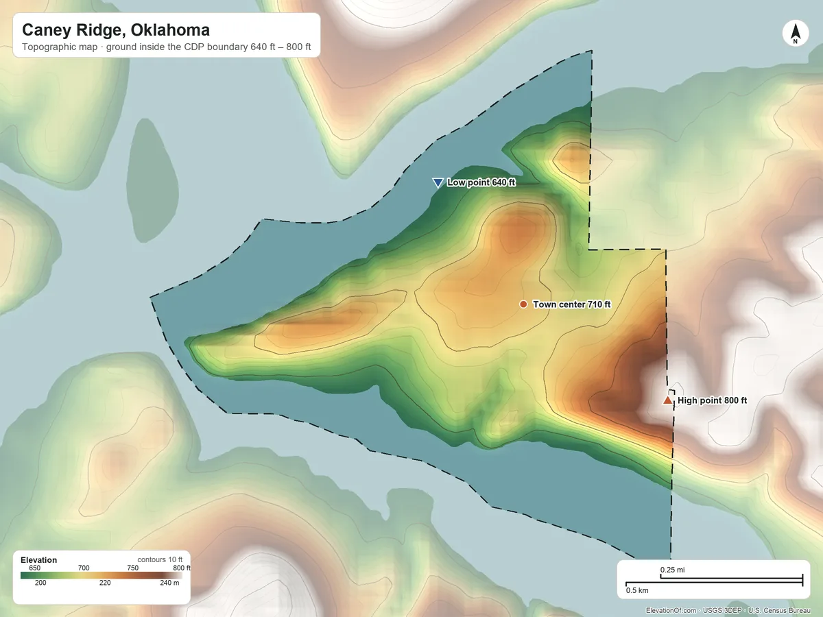 Topographic elevation map of Caney Ridge, Oklahoma, shaded from 640 ft on the northwest side to 800 ft at the foot of the Brushy Mountains