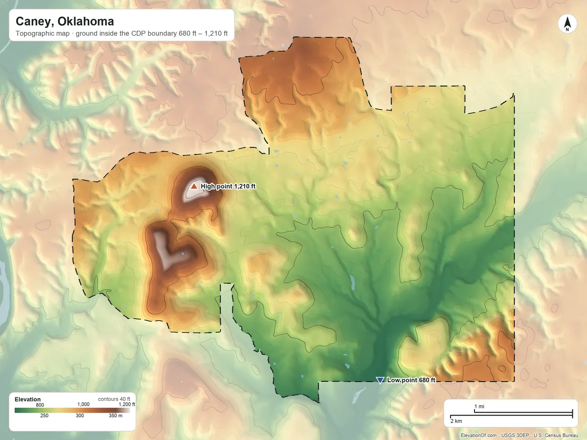 Topographic elevation map of Caney, Oklahoma, shaded from 680 ft on the southeast side to 1,210 ft on Sugar Mountain
