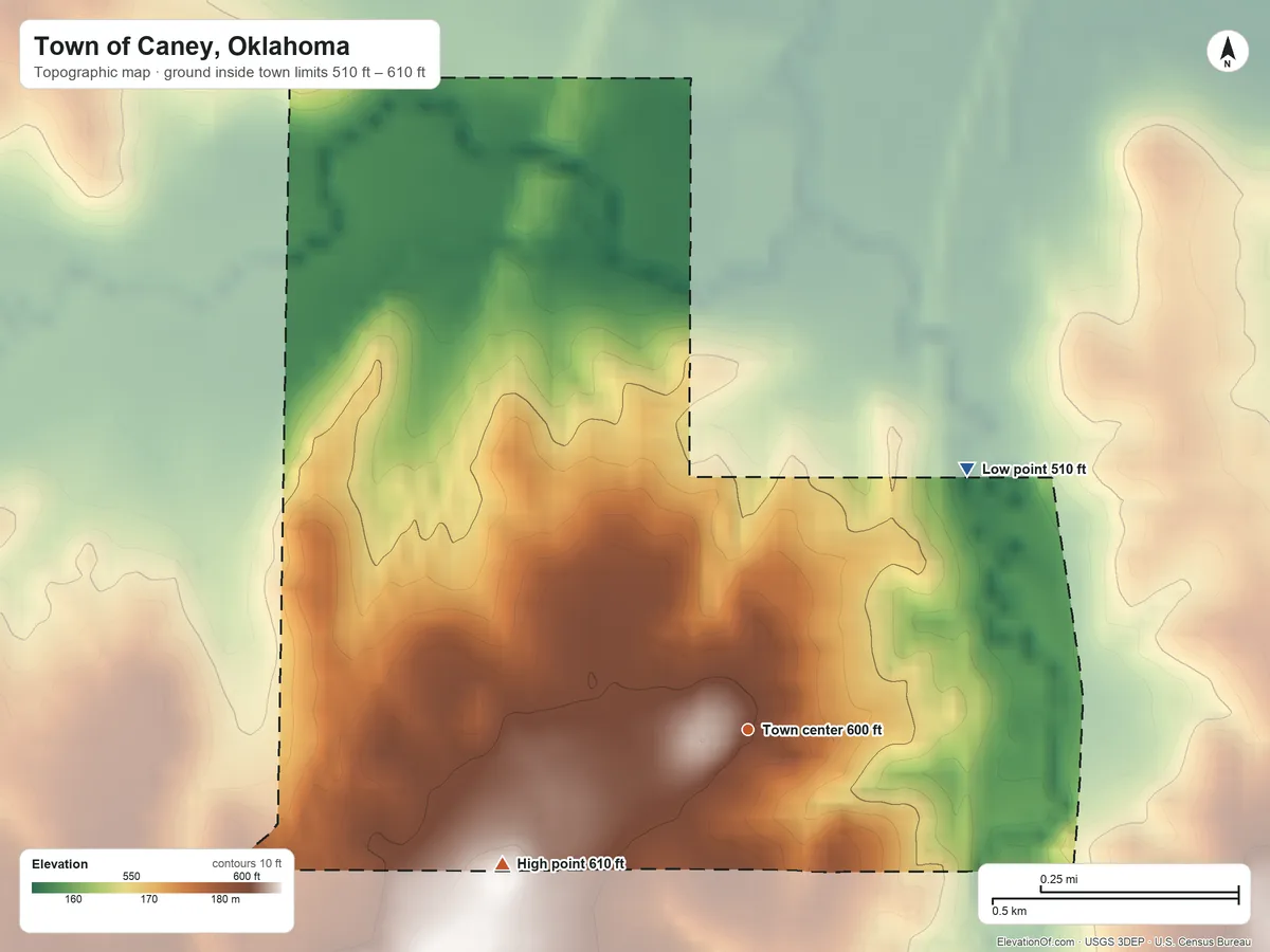 Topographic elevation map of Town of Caney, Oklahoma, shaded from 510 ft on the northeast side to 610 ft on the southwest side
