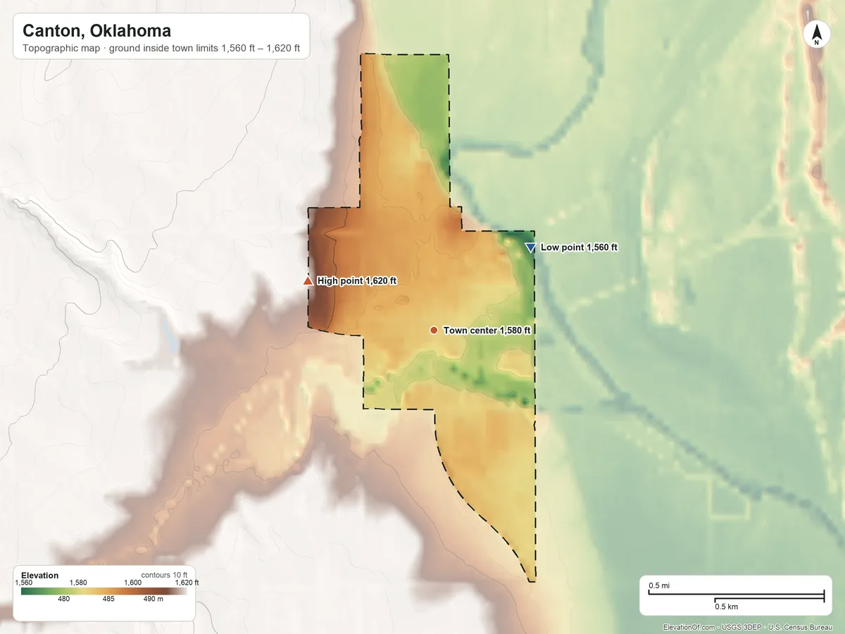 Topographic elevation map of Canton, Oklahoma, shaded from 1,560 ft on the northeast side to 1,620 ft on the west side